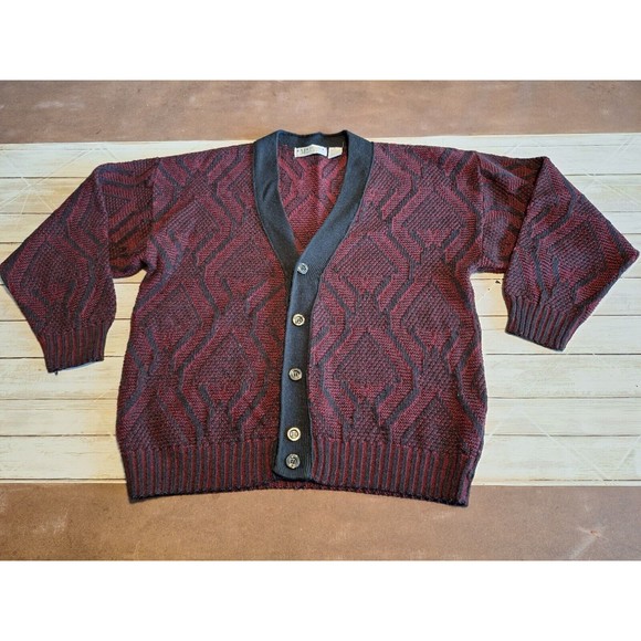 Men's Burgundy & Black Patterned Cardigan Sweater - Picture 5 of 12